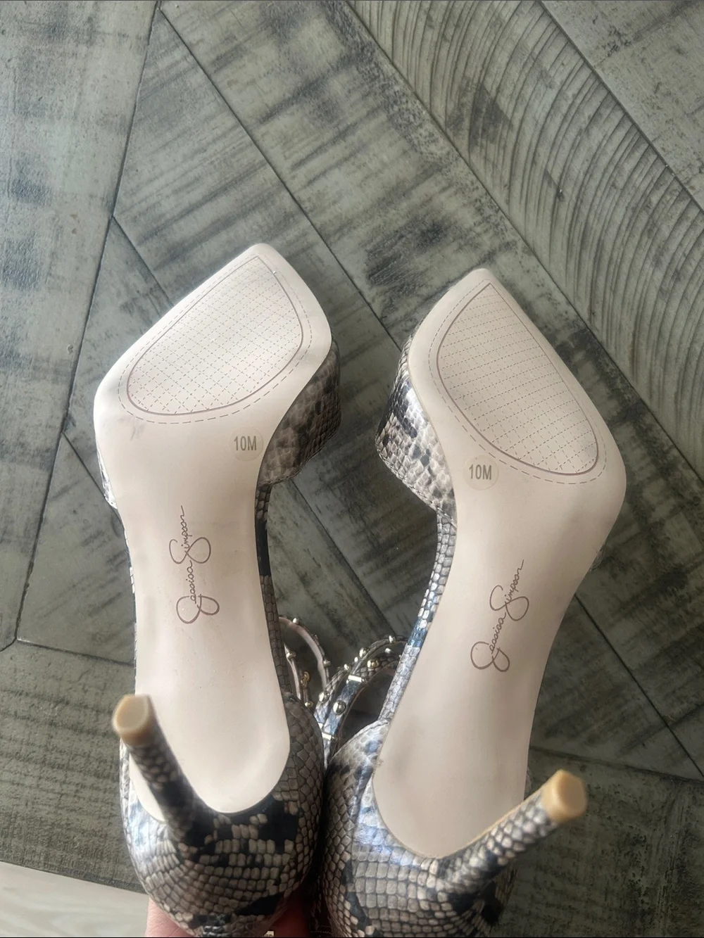 Jessica Simpson Taupe and Black Snake-Print Pointed-Toe Ankle-Strap Pumps